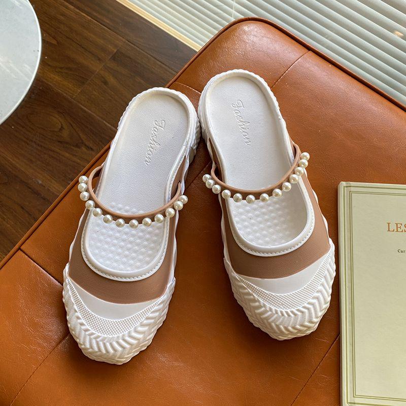 Модные шлепанцы на низком каблуке белые женские с украшениями снаружи летняя обувь — фото 5