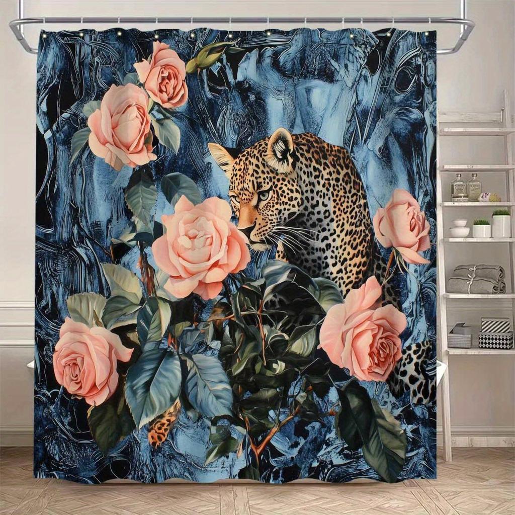 1Pcs Leopard And Pink Rose Print Shower Curtain Abstract Watercolor Shower Curtain Polyester Fiber Fabric Shower Curtain