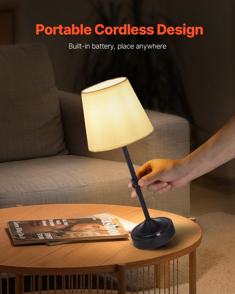 Cordless Table Lamp 2PCS Rechargeable Battery Desk Lamp Fabric Shade Black