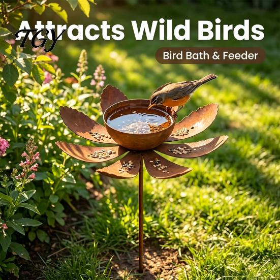 Metal Garden Bird Bath Rustic Feeder with Stake, Iron Stake Water Easy Assembly Outdoor Bowl, Weather-Resistant Drinking Station for Yard Patio Decor