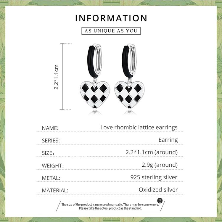 Cercei cu zăbrele rombice de dragoste din argint Sterling 925 BAMOER pentru femei Moda pandantiv inimă alb-negru pentru fete Cadou de nuntă