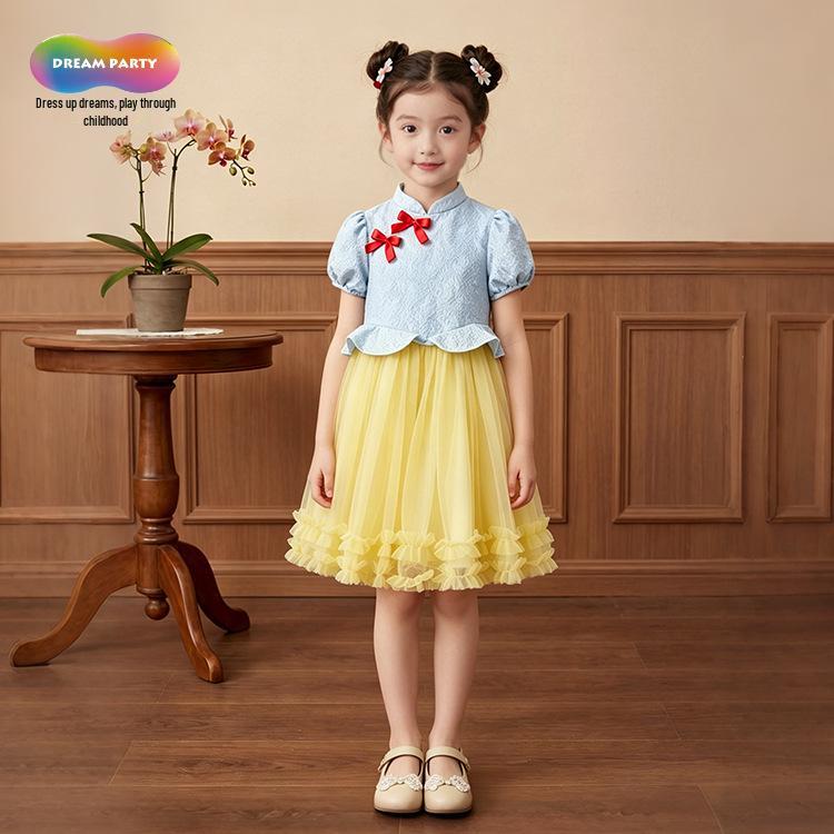 New Chinese Princess Summer Dress for Girls: Mesh Puffy Snow White Skirt 110cm