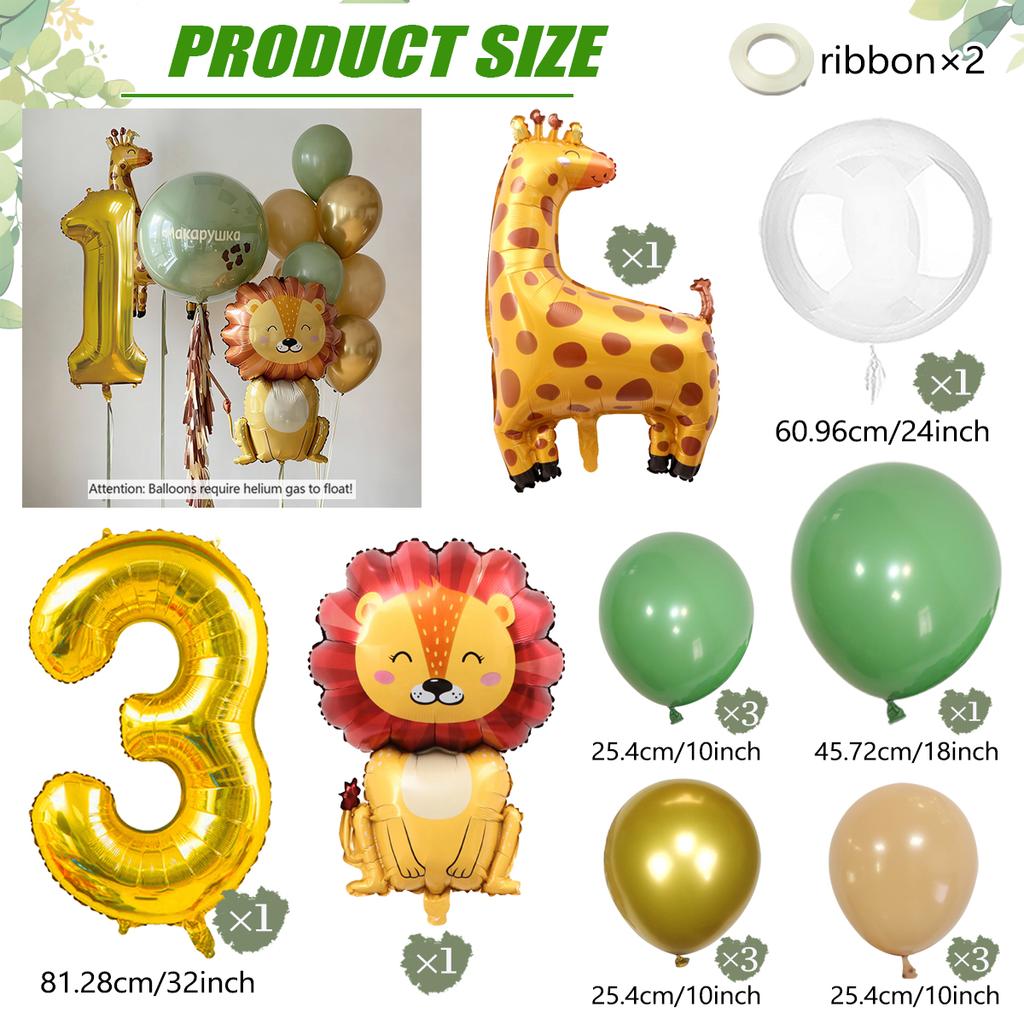 Set de ballons Lion Girafe Dessin Animé, Ballon Thème Animaux de la Jungle, Ballon Chiffre Doré 0-9, Décoration Fête d'Anniversaire Shower