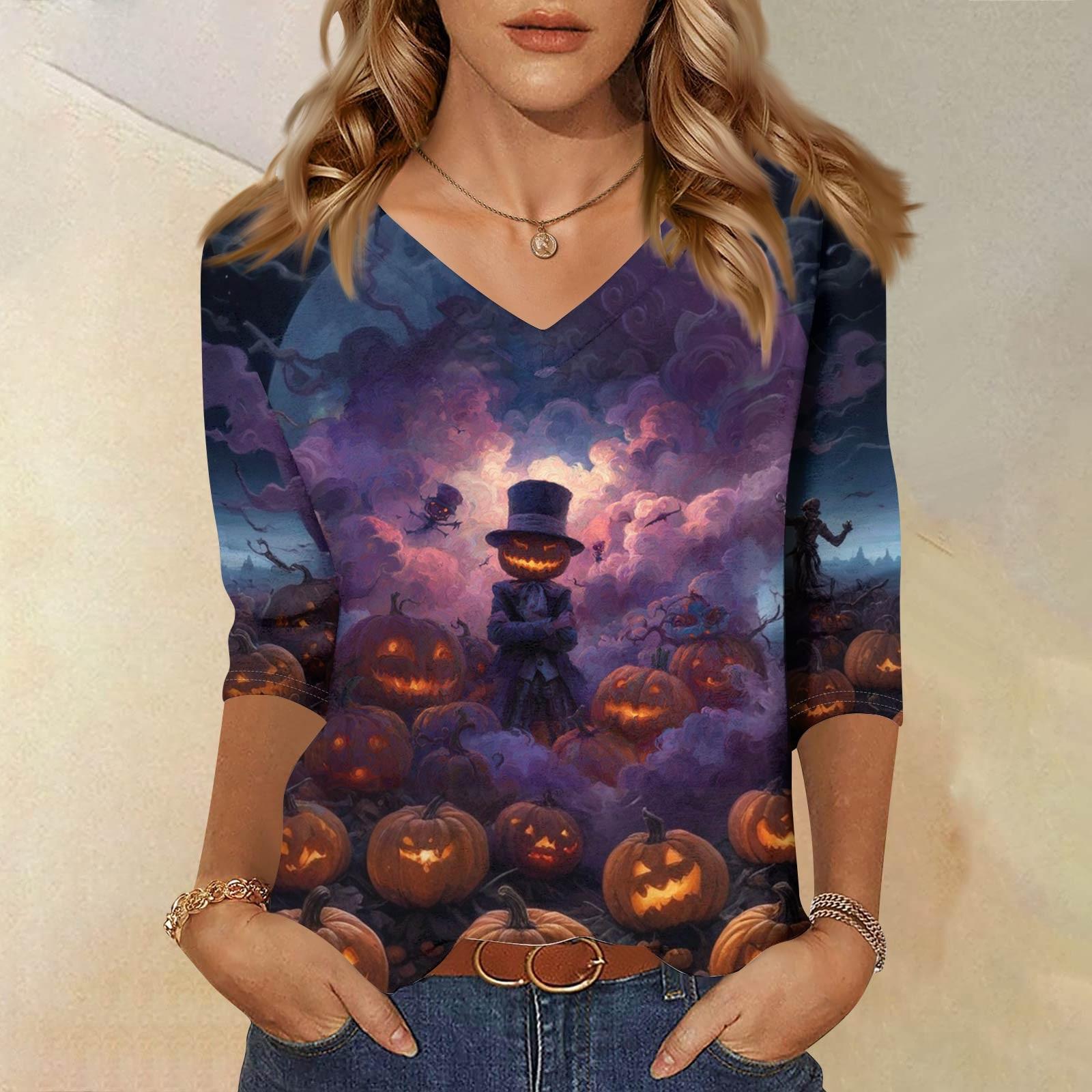 

Женские топы Рубашка с рукавом три четверти V-образный вырез Свободная повседневная рубашка Футболка с принтом XL