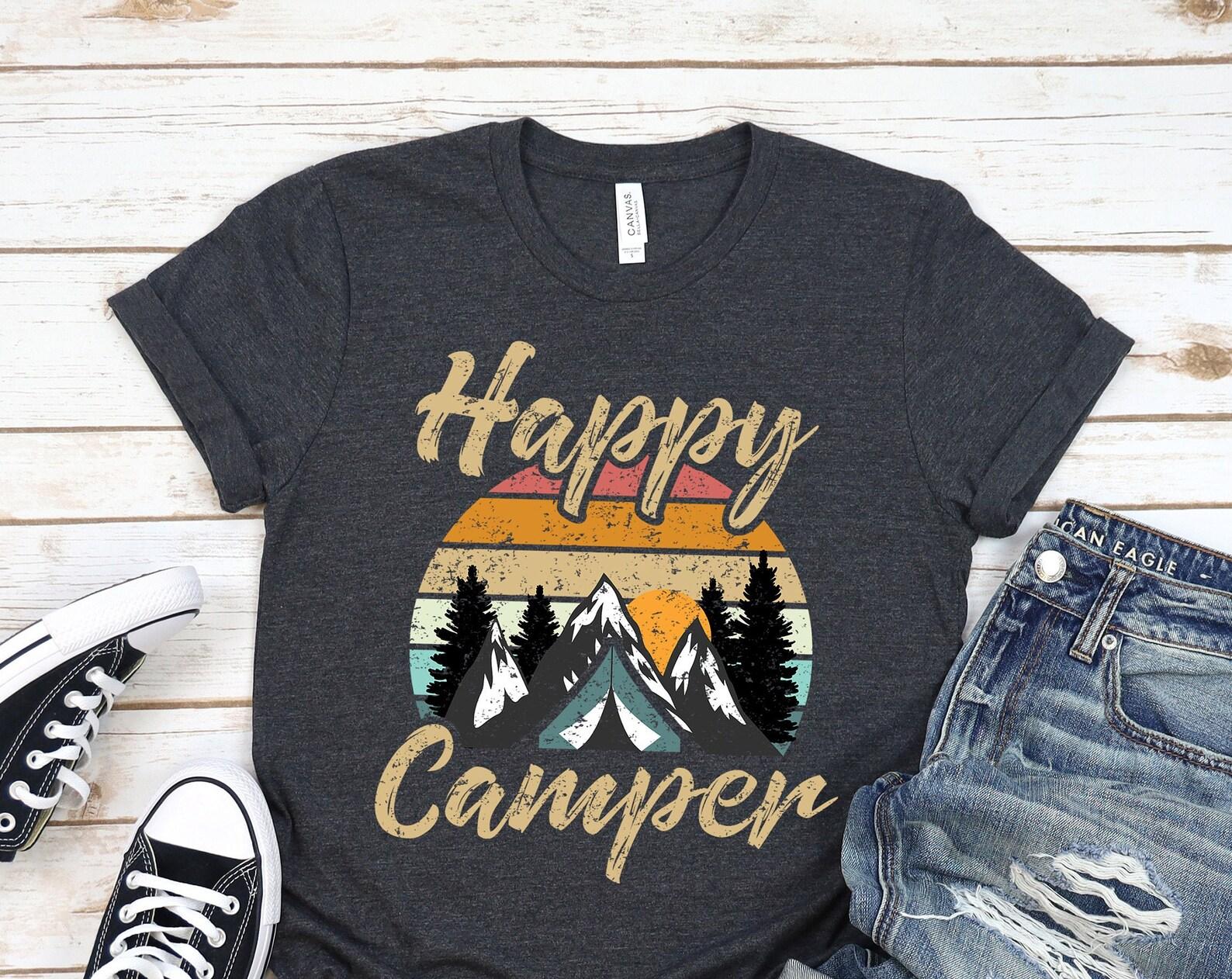 Retro Happy Camper T-shirt, Funny Camping Lover Shirt Hiking Gift Tshirt Cool Camp Fan Birthday Party Present, Happy Camper Queen Tee Shirts 110