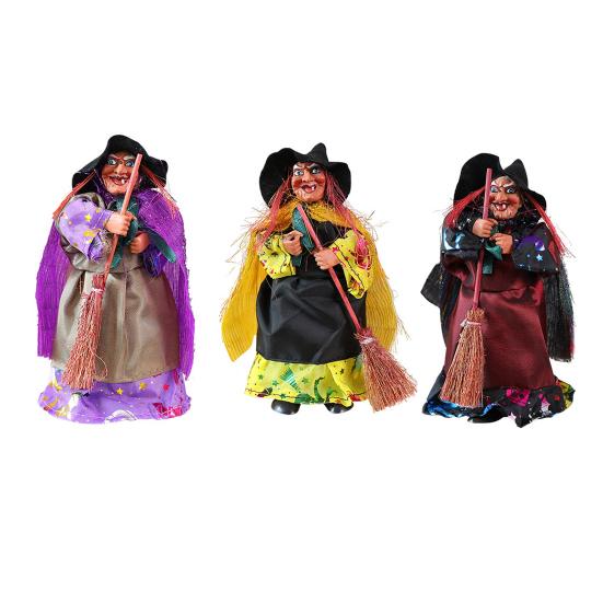 Halloween Witch Doll Standing Witch Figure Holding Broomstick Desktop Spooky Witch Figurine for Halloween Party Mantel Dining Table Decor