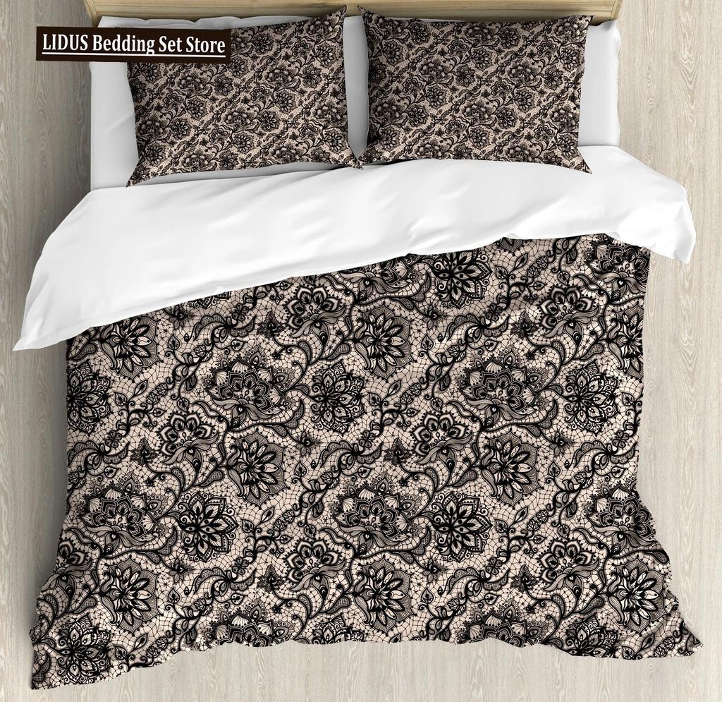 Duvet Cover Set Black Skull SkeletonPaisley Floral Gothic Luxury Soft Bedding Set Comforter Cover Halloween Decor,Queen Size