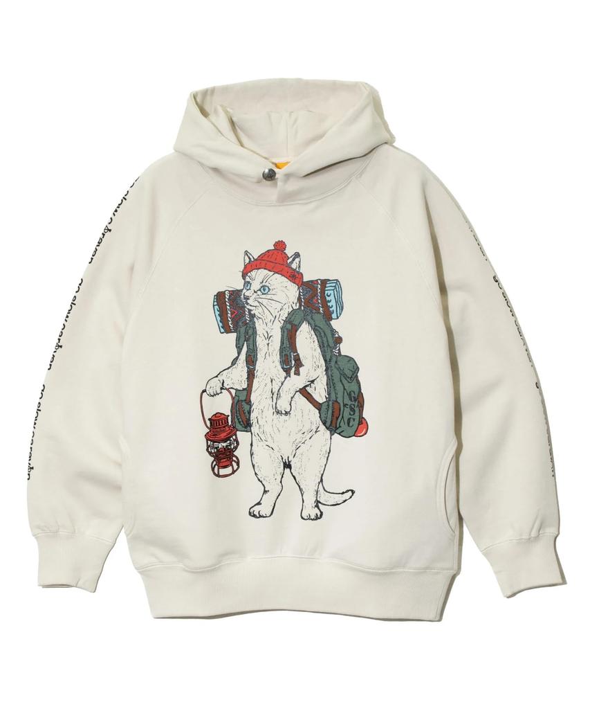 [go slow caravan] 332608 Air-Spun Fleece Pullover Hoodie with a "Camping Cat" Design, Ivory, Size L
