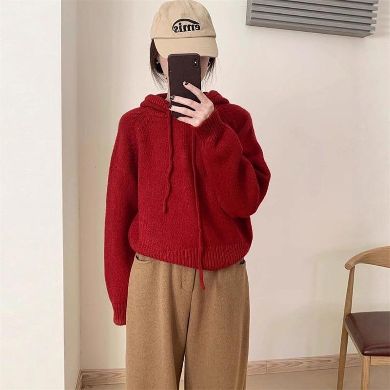 Design sense niche hooded knitted sweater top women's autumn and winter new small wear loose pullover sweater