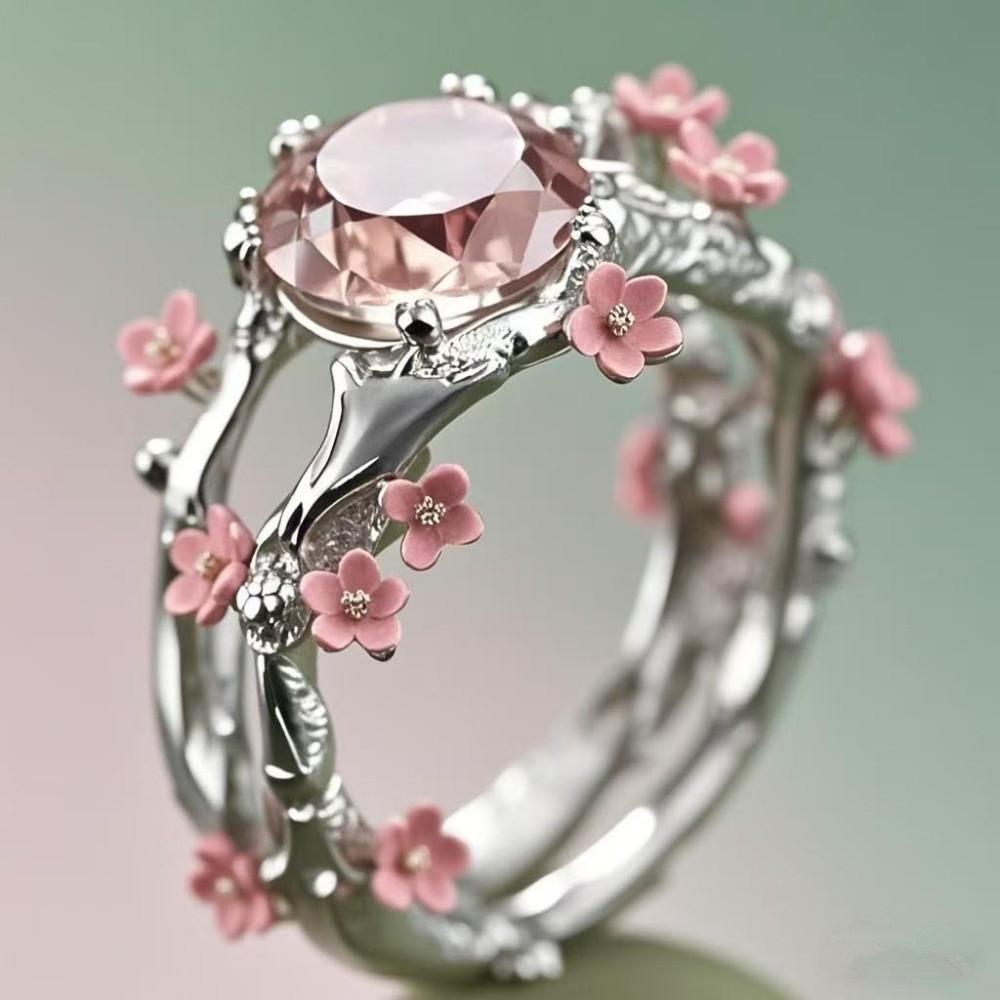 Sweet Elegant Flower Crystal Ring Light Luxury Hollow Out Rhinestone Ring Delicate Alloy Finger Jewelry Ladies Jewelry