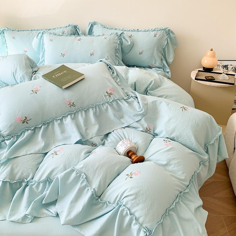 Juego de cama de algodón lavado de 4 piezas para niñas con volantes, encaje bordado, funda nórdica, juego de 3 piezas