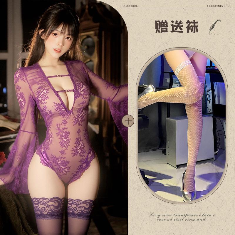 Sex Underwear Sexy Perspective Horn Sleeves Lace Deep V Hollow Pure Desire onesie