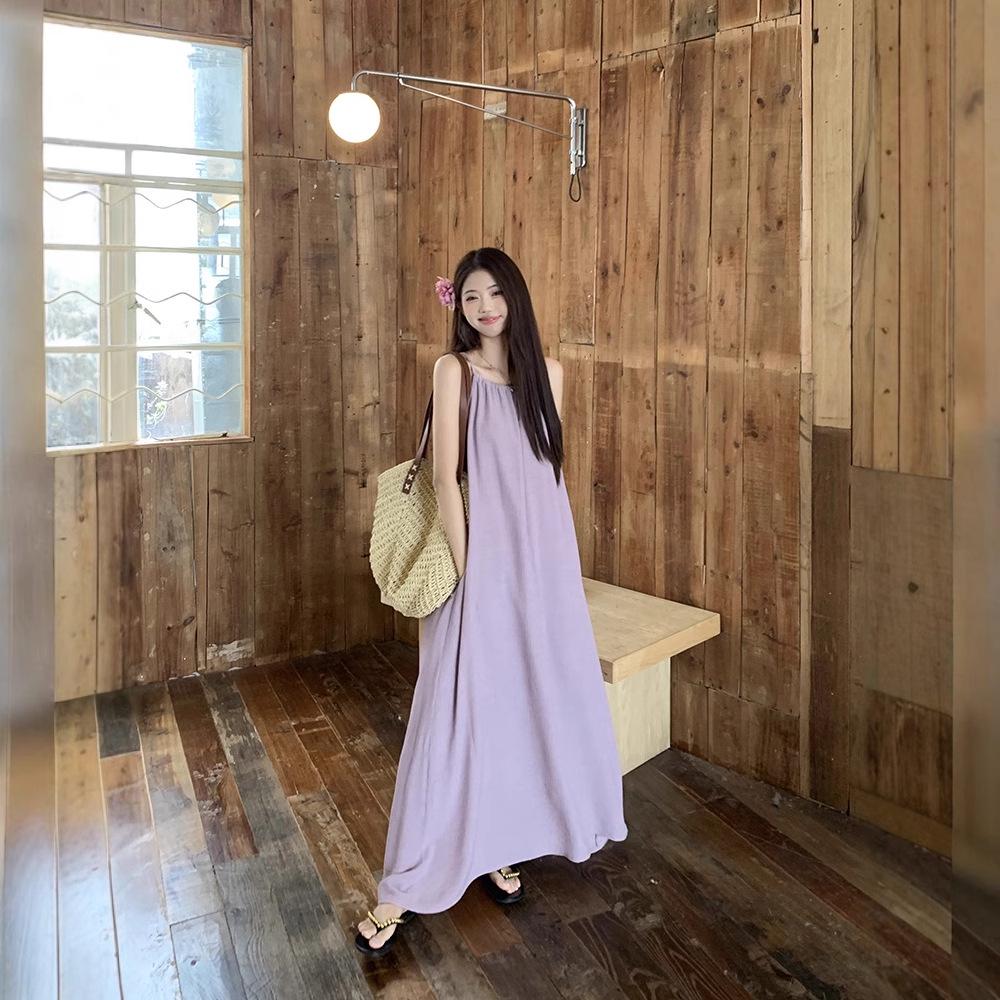 Petite French Purple Sling Dress for Women - 2025 Summer Loose Fit, Slimming, Temperament Style for Seaside Vacation.