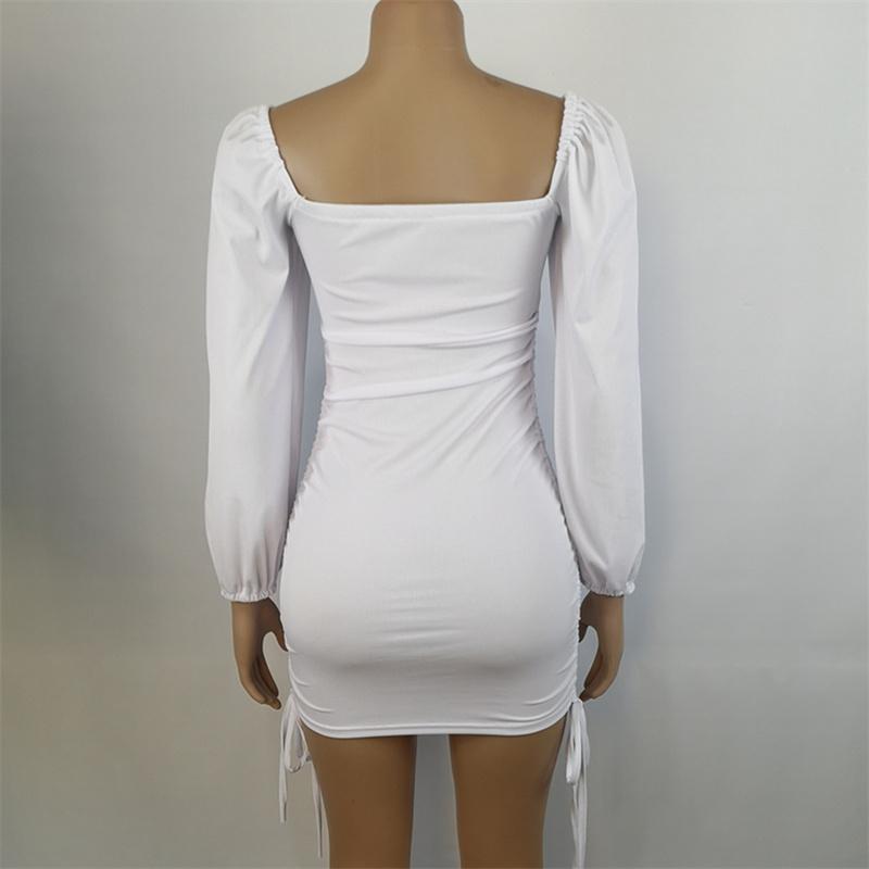 Long Sleeve Bodycon Dress Women Low Neck Rib Sexy Slim Fit Drawstring Pleated Wrapped Hip Mini Dress