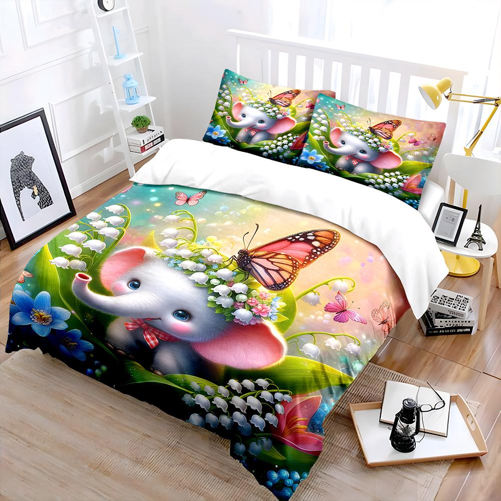 Cute Elephant with Butterfly Wreath Print Bedding Set 1 Duvet Cover 2 Pillowcases for Adult and Children Luxury Gift Full Size