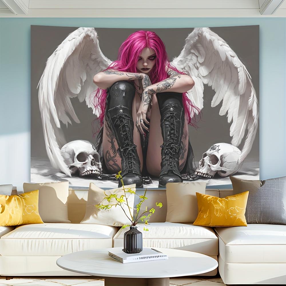 Pink Hair Angel With White Wings Skulls Tattooed Woman Wall Tapestry Gothic Art Decor Dark Aesthetic Home Interior Design