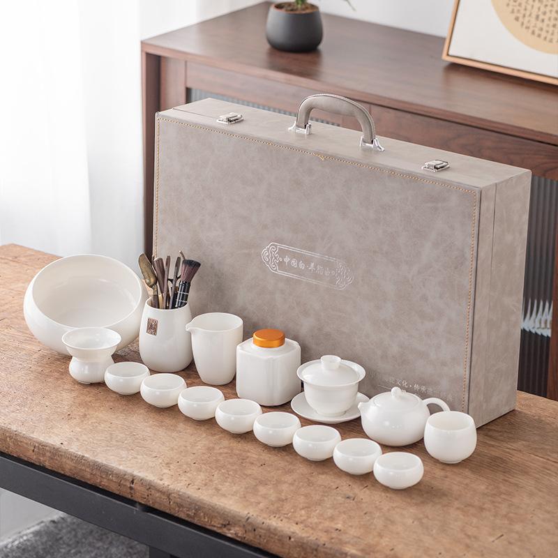 Light Luxury Suet Jade Porcelain Kung Fu Tea Set Gift Box Boutique Real Estate Insurance Bank Business Commemorative Gift Formulation
