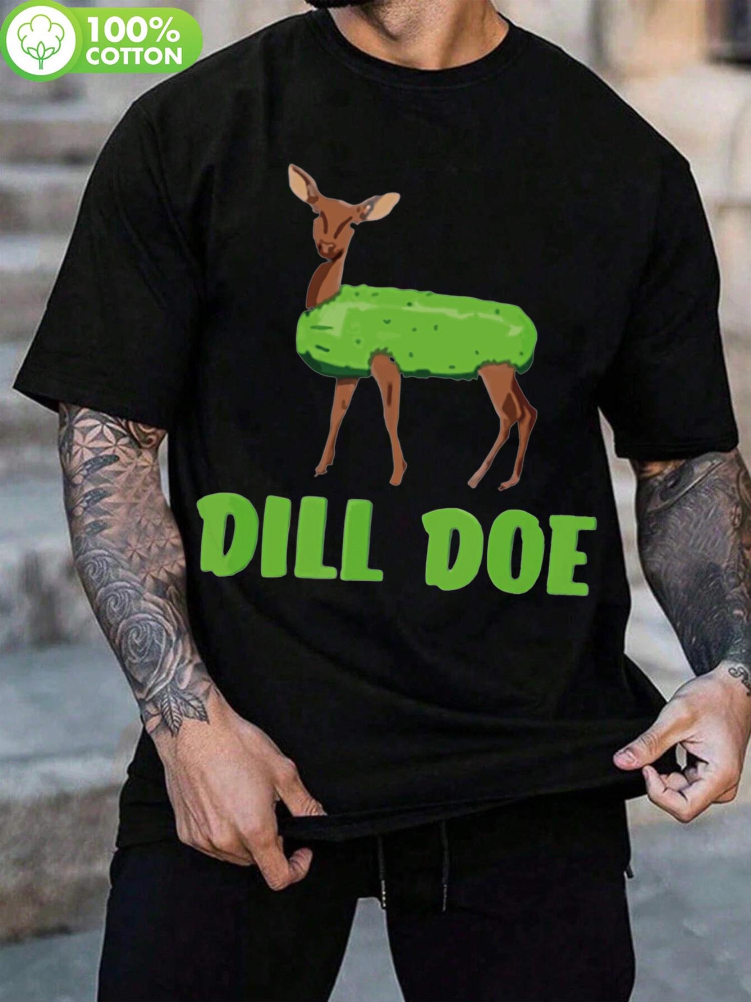 Dill Doe Graphic T-shirt - Casual Black Cotton Tee with Green and White Deer Print M