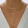 European & American Style Gold Rose 3-Layer Moon Sequin Choker Necklace