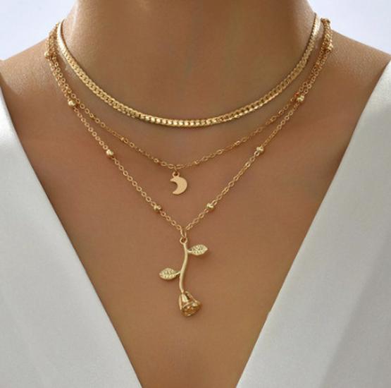 European & American Style Gold Rose 3-Layer Moon Sequin Choker Necklace