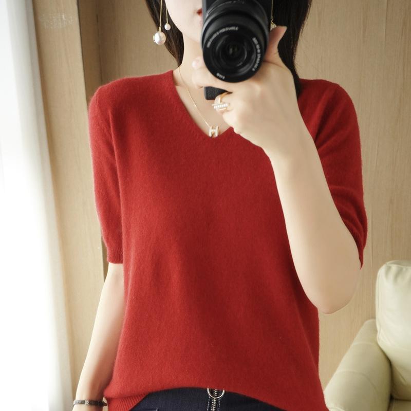 GMXIA Spring Short-sleeved Women's Fashion Sweater Sweater Knit V-neck Half-sleeved Fashion Everything Loose Base T-shirt