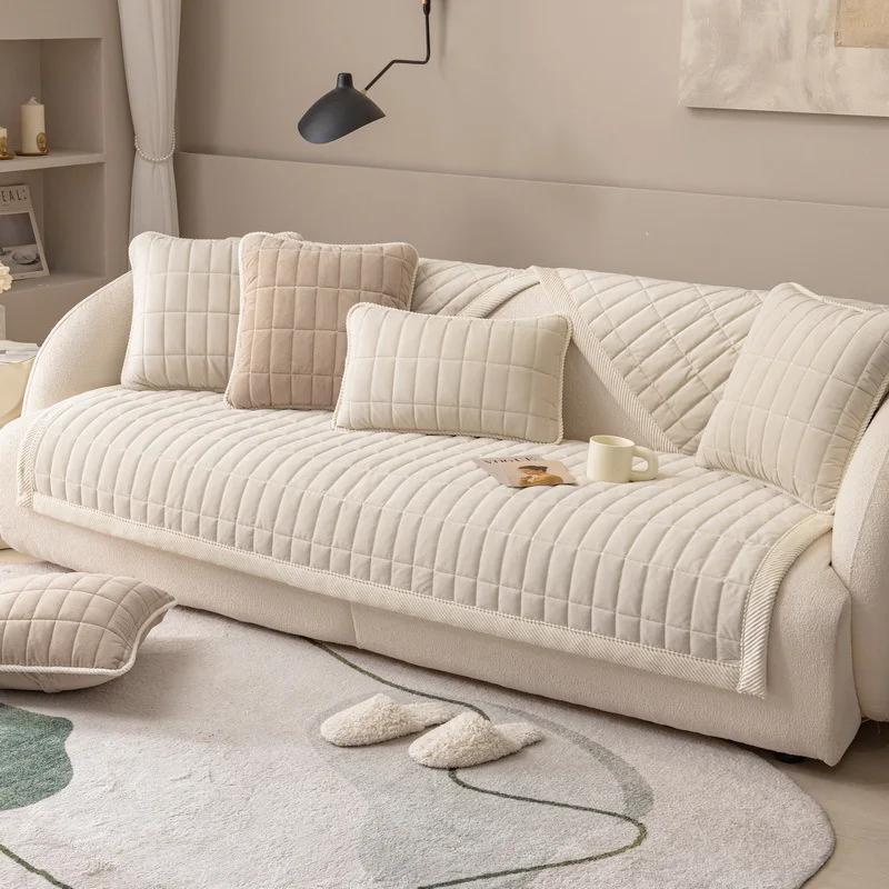 Sofabezug mit rechteckigem Gitter, einfarbig, dicker Plüsch, L-förmiger Ecksofa-Handtuchbezug, rutschfester Couchschutz für das Wohnzimmer