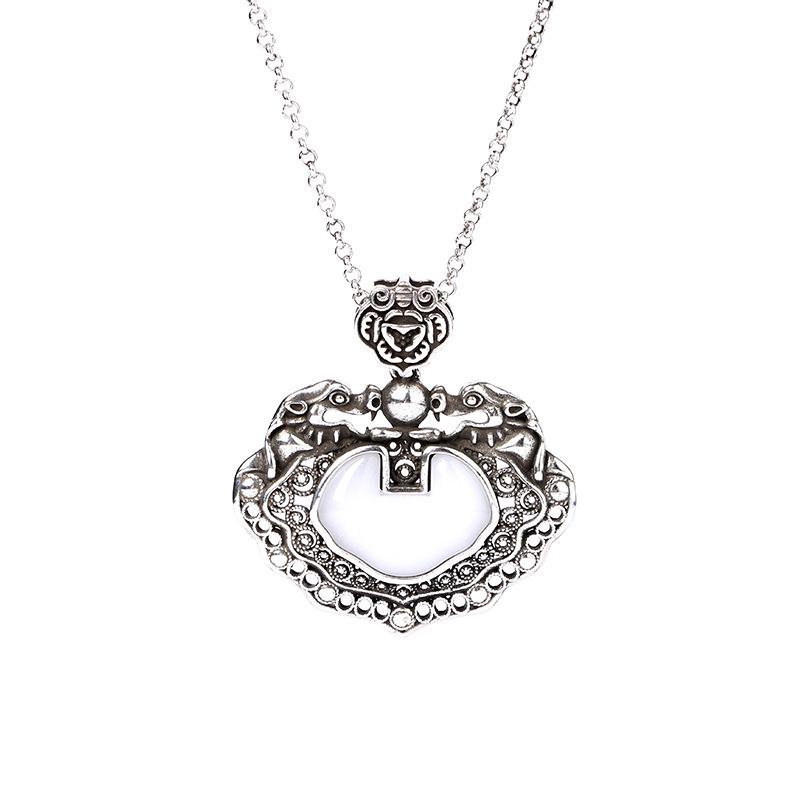 Electroplated Thai Silver Necklace with Imitation Hetian Jade Ruyi Pendant