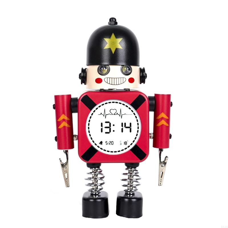 KX4B Cartoon Robot Alarm Clock Metal Wake-up Clocks with Flashing Eye Lights Ornament