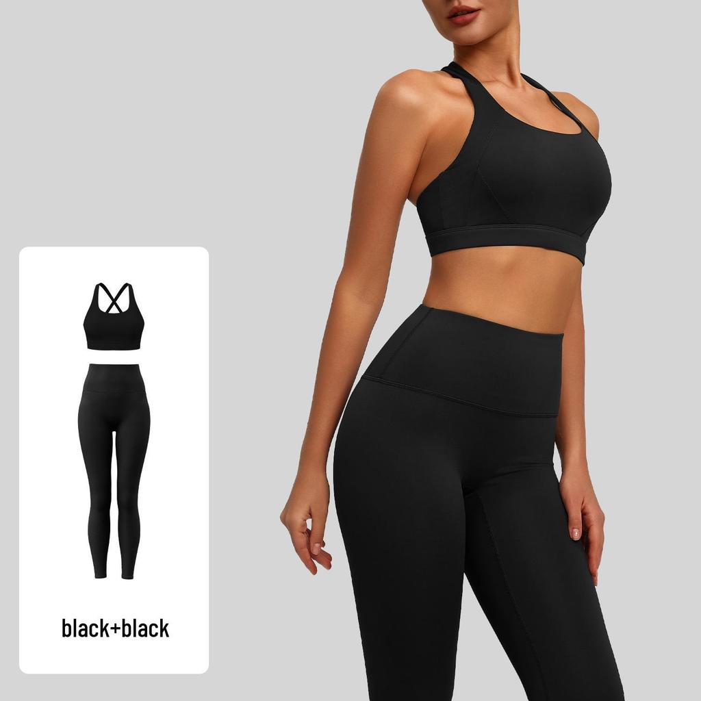 Set de Yoga cu Sutien Sport din Nailon Rezistent la Șocuri, Față-Spate și Pantaloni pe Nouă Puncte pentru Femei