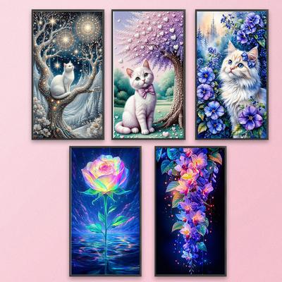 Katze Blume 5D DIY Vollbohrer Runde Diamant Malerei Set für Heimwanddekor