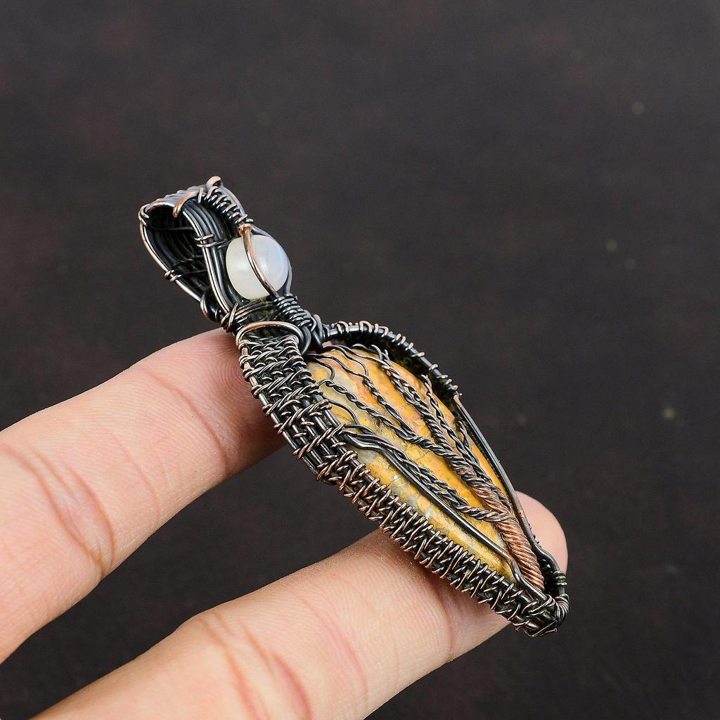 Lebensbaum Maligano Jaspis Anhänger Kupferdraht umwickelter Anhänger Handgefertigter Edelsteinschmuck Regenbogenmondstein Anhänger Drahtwickelschmuck