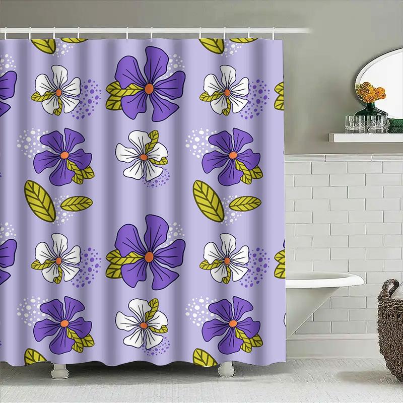 Purple White Floral Shower Curtain, Polyester Fabric, Home Decor Bathroom Accessory Set For Kids Bathrooms Modern Design With Le