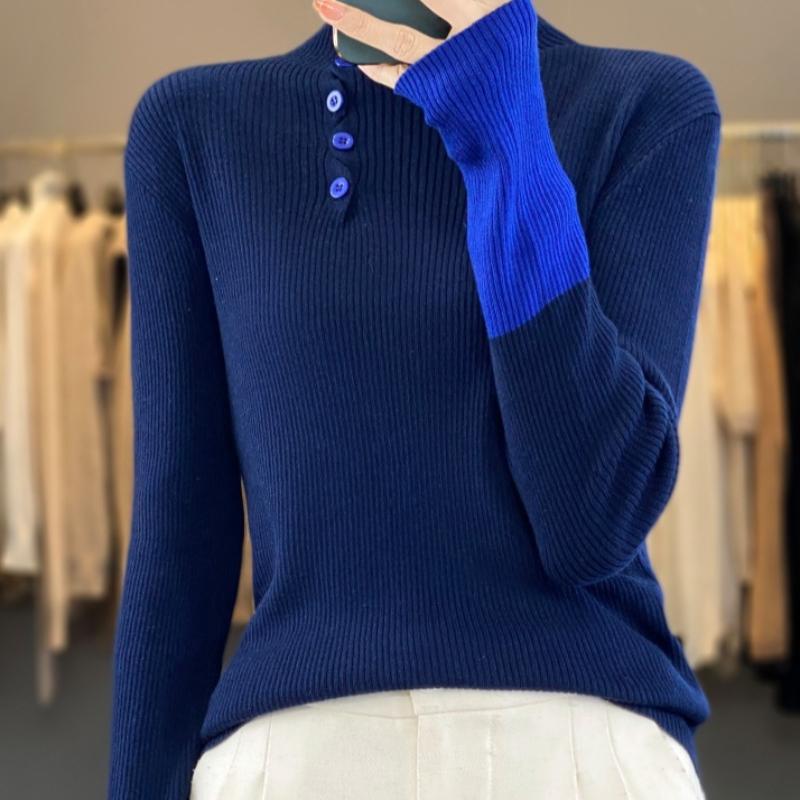 IHUASU Half Open Turtleneck Jumper Women's Autumn and Winter Design Sense of Colour Blocking Wool Knitted Bottoming Shirt