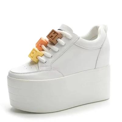 Genuine Leather 12cm Autumn Chunky Sneakers Wedge Platform Lace Breathable Heels Hollow Shoes Vulcanized Spring Women Shoes