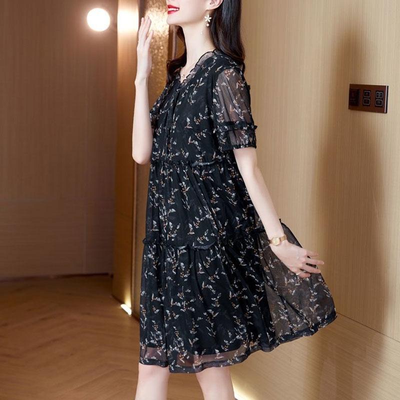 Elegant Broken Flowers Printed Dresses Summer Stylish Edible Tree Fungus Spliced Female V-Neck Drawstring Bow A-Line Midi Dress