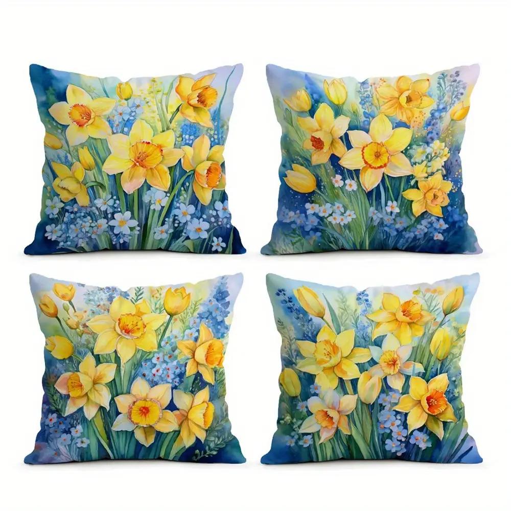 4Pcs Yellow Daisy Pattern Digital Printing Pillow Cover Short Plush Suitable Living Rooms Bedrooms Sofas Throw Cushion Cover