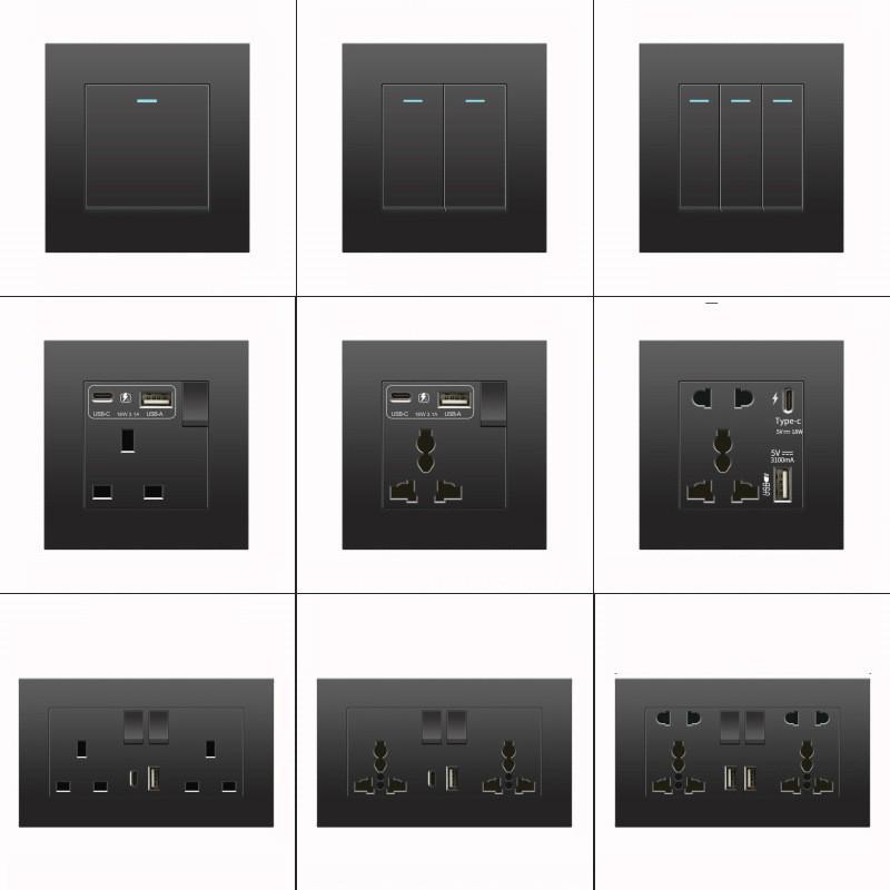 British 13A Socket with USB-C Fast Charging, Hong Kong & Macau Version, Black 3-Hole Square Pin 86 Panel