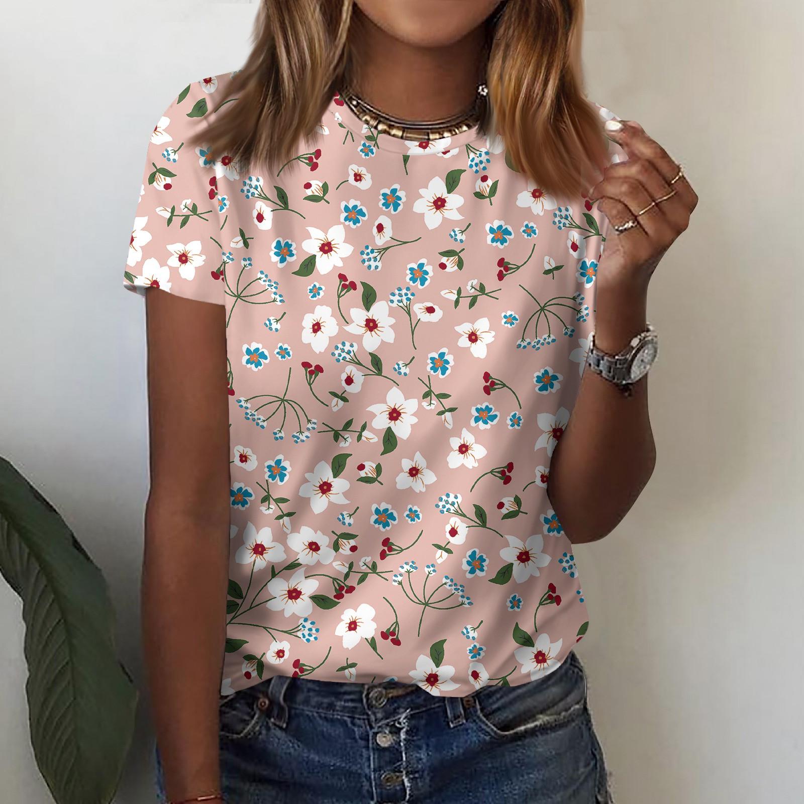 

Женская футболка с короткими рукавами и круглым вырезом, модная футболка с цветочным принтом, повседневный топ, топ с короткими рукавами длиной до плеч L розовый