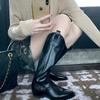 Cowhide Version~ Double Buckle with Round Head Leather But Knee Side Zipper Thick Heel Knight Boots Women's Boots