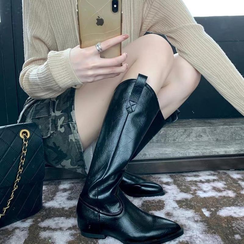 Cowhide Version~ Double Buckle with Round Head Leather But Knee Side Zipper Thick Heel Knight Boots Women's Boots