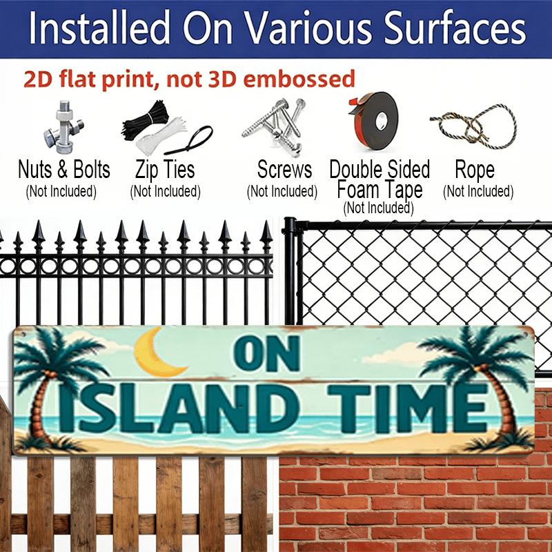 15.7×3.94inch "On Island Time" Tropical Aluminum Decorative Sign, 2D Flat Print, Beach Palm Tree Decor, Coastal Wall Art for Home or Cabin, Rustic