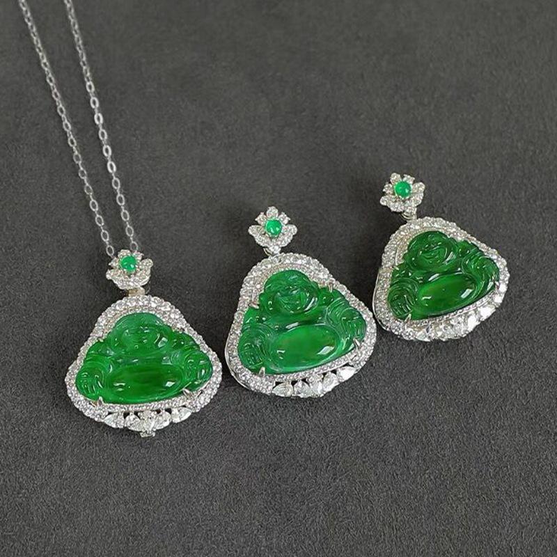 S925 Silver Pendant: Natural Jade Maitreya Buddha Necklace, Full Green Design.