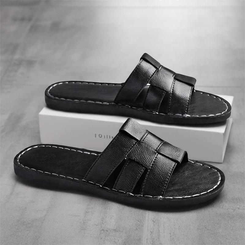 Men Slippers Handmade Simple Flats Brown Leather Sandals Black Summer Roman Sandals Open Toe Beach Shoes Plus Size
