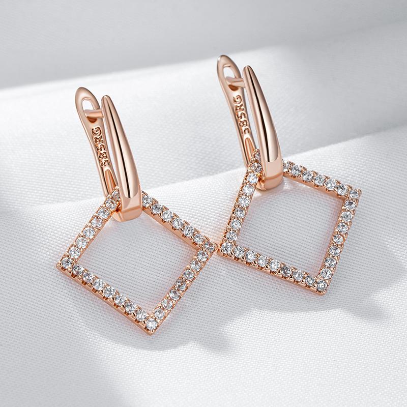 Geometric Rhombus Full Natural Zircon Hoop Earrings For Women  Rose Gold Color Daily Fine Elegant Female Jewelry