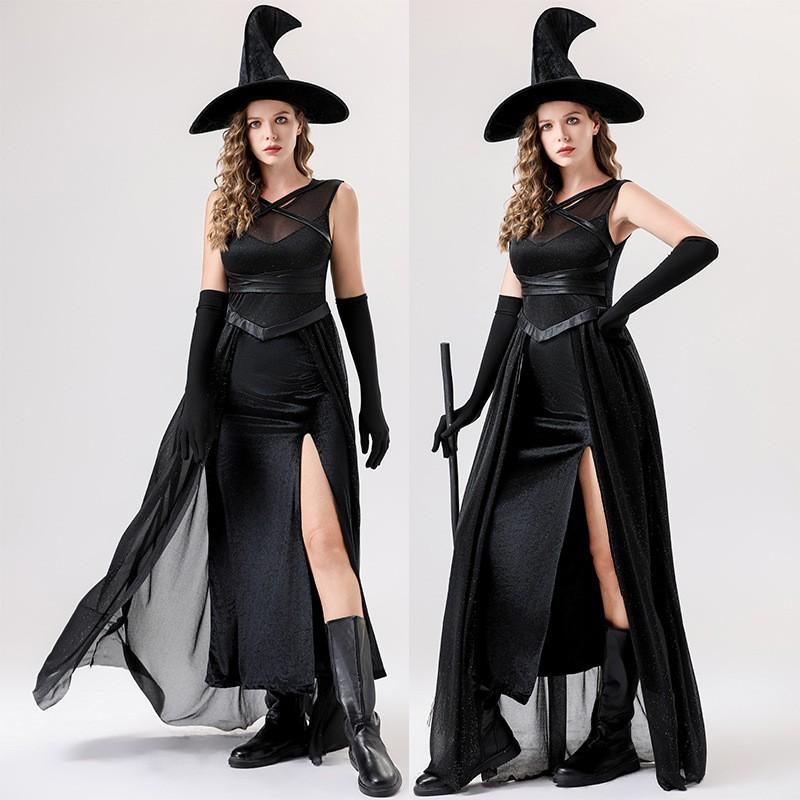 Womens Halloween Witch Costume Black Veil Gown Fantasy Cosplay Outfit Adult Party Stage Performance