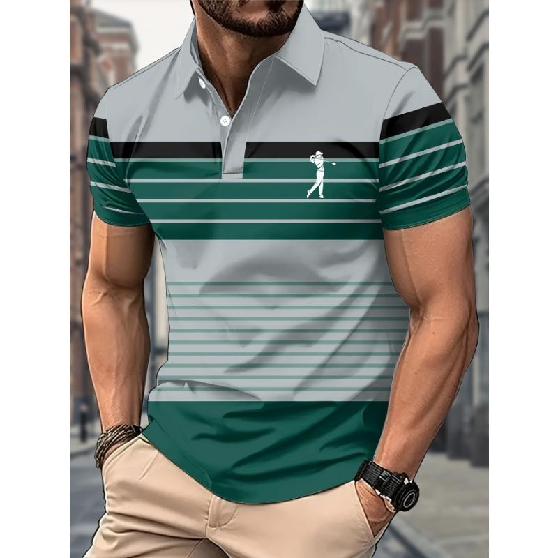 Men's Short Sleeve Shirt Casual 3D Printed Golf Shirt, Navy Blue Khaki Striped Design Golf Sports Pattern, Sports Style
