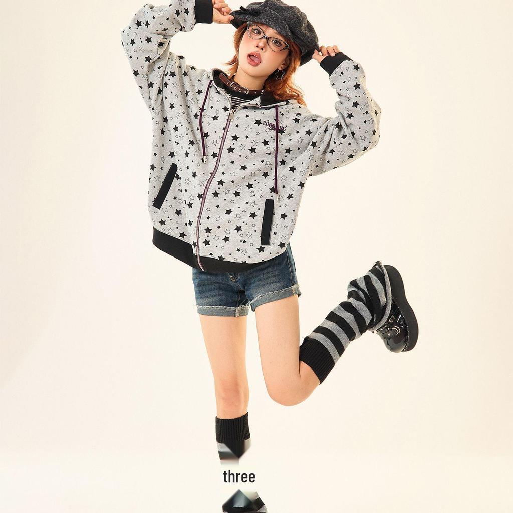 Women's Grey Star Print Hooded Sweatshirt - Cotton Blend, Loose Fit, Zipper Cardigan, Retro Style for Spring and Autumn