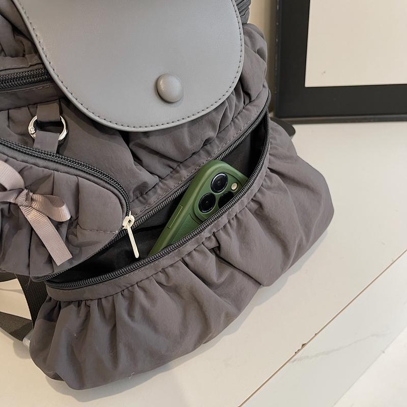 Solid Color Backpack Women's Pleated Handbag with Coin Purse