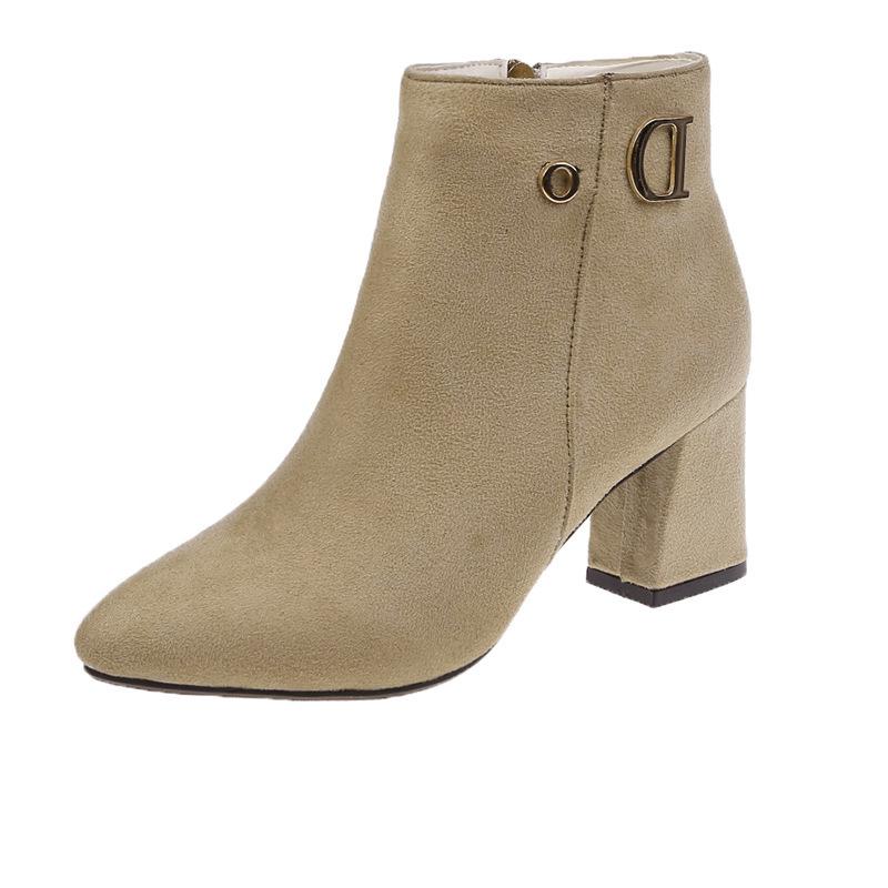 Autumn and winter European and American new thick heel pointed suede high heel large size side zipper short boots