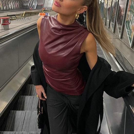 Moda damska kamizelka motocyklowa kołnierz z kołnierzykiem bez rękawów dekoracje na zamek błyskawiczny topy nieregularny brzeg rozciągliwy top ze sztucznej skóry